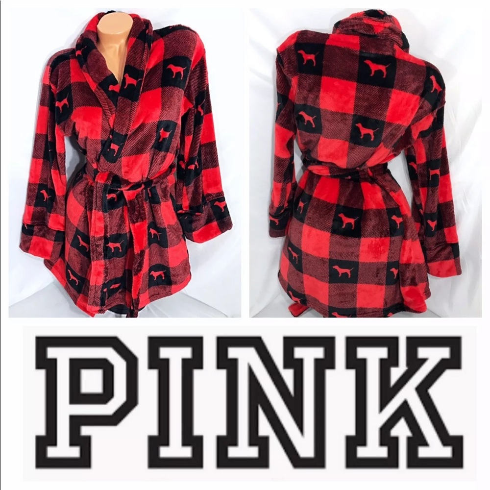 Brand new Victoria's Secret Pink Robe, Plaid/buffalo check Red & Black Dog Logo